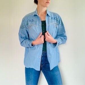 Cambridge Dry Goods Blue Denim Desert Cactus Snap Button Up Western Shirt 10 🌵🏜️